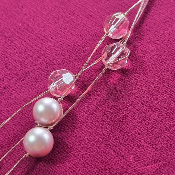 Faux Pink Pearl & Crystal layered Necklace Silk Thread Multi-Strand Silver Clasp - Picture 6 of 9